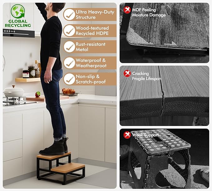 Y&M Two Step Stool for Adults Kids, Waterproof HPDE Bed Step Foot Stool with Adjustable Non-Slip Feet, Metal Frame Stepping for Kitchen Bathroom Bedroom Living Room, Indoor or Outdoor Use, Brown