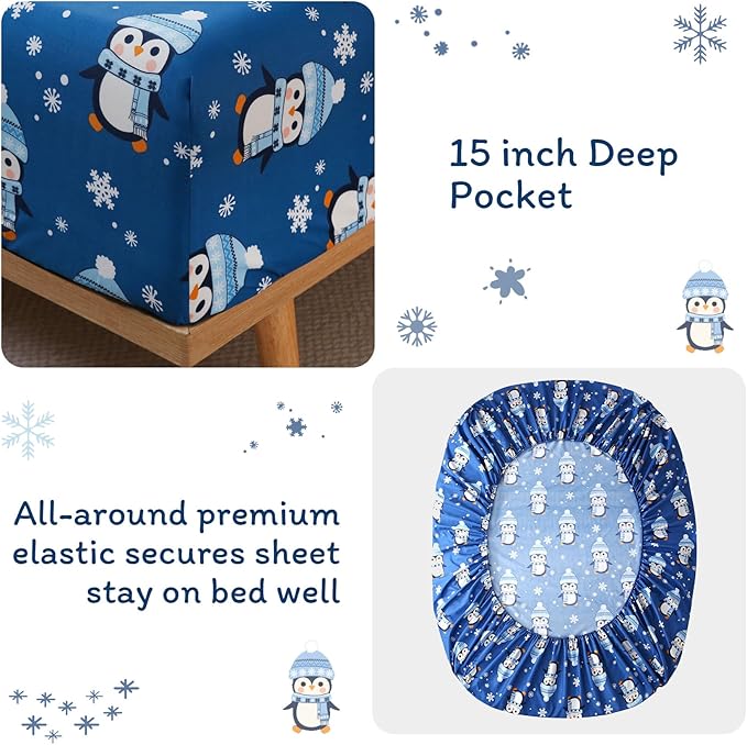 JSD Penguin Snowflakes Kids Christmas Sheet Set Twin Size, 3 Piece Blue Printed Microfiber Sheets Deep Pocket