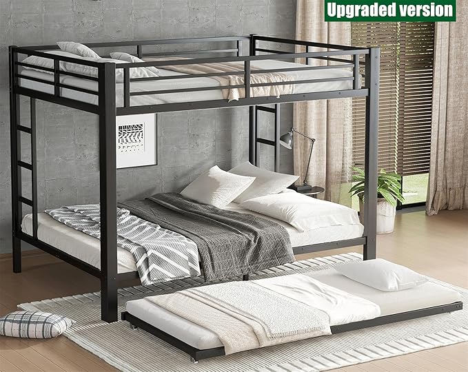 LUXIEE Upgraded & Stronger Heavy Duty Steel Queen Over Queen Bunk Bed Frame, More Stable Safer Thickened Metal Bunkbeds with Twin Size Trundle (Queen Over Queen)