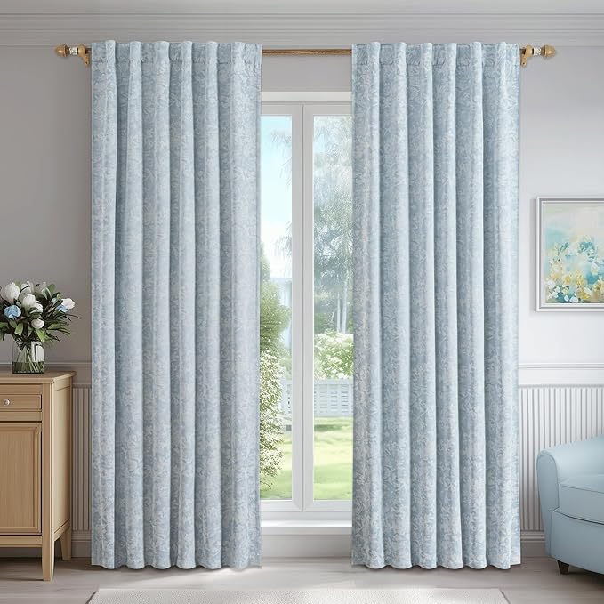 Beauoop Blue Floral Jacquard Blackout Curtains 84 Inches Long 2 Panels for Bedroom Living Room Chenille Flower Room Darkening Thermal Insulated Soundproof Rod Pocket Back Tab Window Drapes, 52x84
