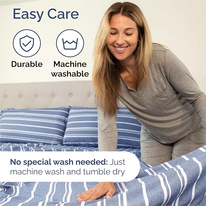 Split King 7 Piece Sheet Set - Cooling & Breathable - Hotel Luxury Bedding Includes Fitted Sheets for Women, Men, Kids & Teens - 1 Flat, 2 Fitted Sheets, 4 Pillowcases w/Deep Pockets - Blue Stripes