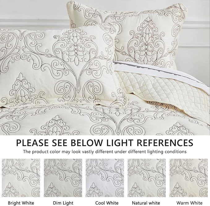 CHIXIN Bedspread Coverlet Quilt Set Full Size - Lightweight Bedding Cover - Beautiful Stitching - 5 Piece Reversible Bedspread - Luxury Damask Paisley Pattern (Full, Ivory)