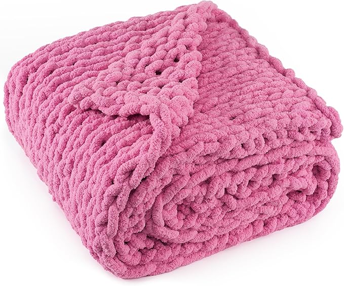 Chunky Knit Throw Blanket 50"X 60", 100% Handmade with Soft Chenille Yarn, 4.4lbs Thick Cable Knitted Blankets, Large Rope Knot Crochet Throws for Couch Sofa Bed Home Decor, Hot Pink
