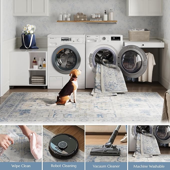 jinchan 3x5 Machine Washable Area Rugs for Entryway - Distressed Vintage Floral Ultra-Thin Low-Pile Soft Non-Shedding Indoor Floor Carpet for Kitchen Bedroom Entrance Laundry Living Room(3x5ft, Blue)