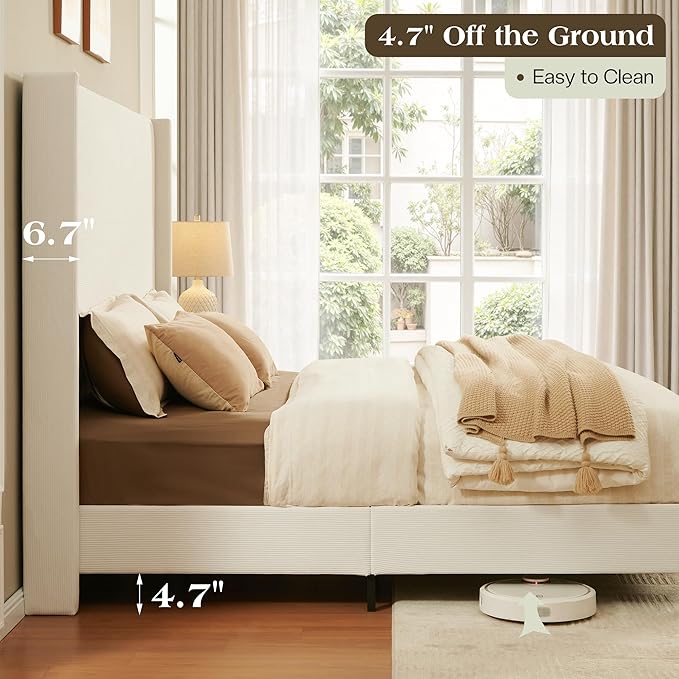 King Bed Frame with 65" Tall Headboard, Horizontal Fine Corduroy Bed Frame with Wingback, Upholstered Platform Bed, Vintage Solid Wood Gourd Legs, No Box Spring Needed, Cream