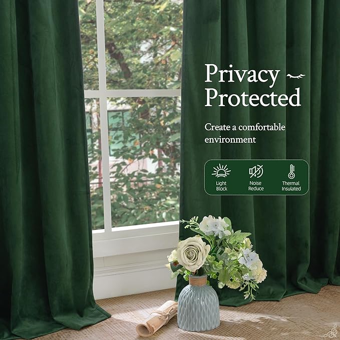 LAMIT Emerald Green Velvet Curtains 84 Inch for Living Room, Thermal Insulated Room Darkening Panels Noise Reducing Back Tab and Rod Pocket Christmas Drapes for Bedroom, 2 Panels, 52 x 84 Inch