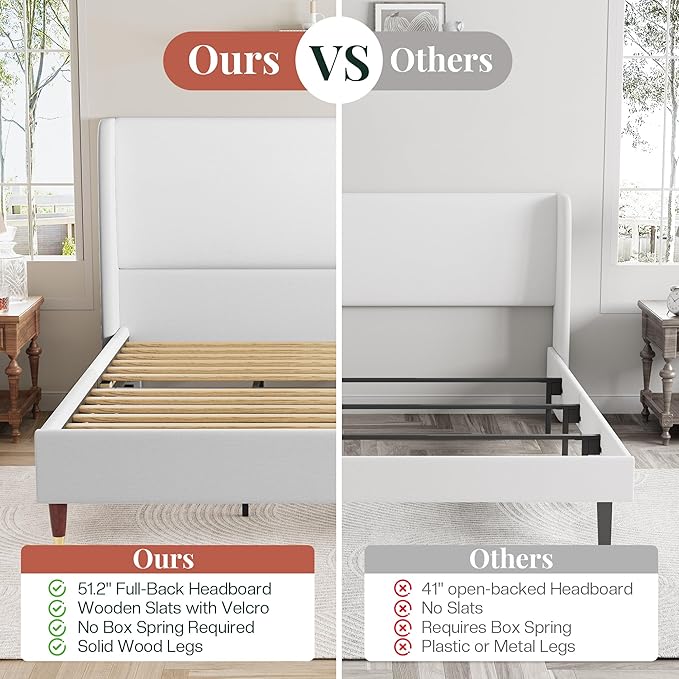 Jocisland Queen Upholstered Platform Bed Frame with 51.2" Tall Wingback Headboard–Solid Wood Legs, No Box Spring Needed, White Linen–Modern Style for Any Bedroom