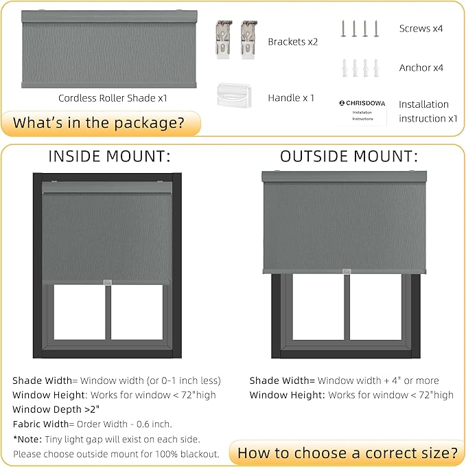 ChrisDowa Cordless Blackout Roller Shades for Windows, Striped Free-Stop Window Blinds with Privacy, Thermal Insulated Window Shades for Home, Office and Door. Grey, 33" W x 72" H