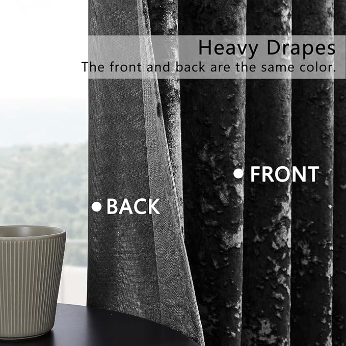 SMILETIME Black Crushed Velvet Curtains 52x108 inch Luxurious Thermal Insulated Soundproof Drapes for Living Room Bedroom Office Soft and Durable Light-Filtering Window Treatments, 2 Panels