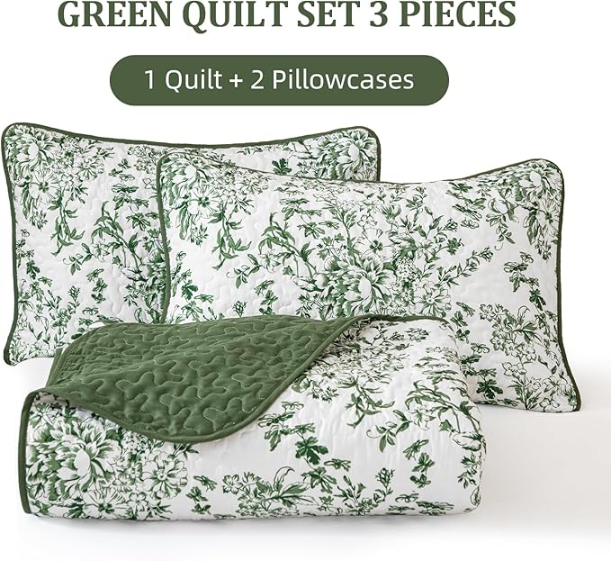 WONGS BEDDING Quilt King Size, Green Quilt Bedding Set with 2 Pillowcases, Botanical Quilt for King Bed, Soft Microfiber Lightweight Coverlet Bedspread for All Season (110"×90", 3 Pieces)