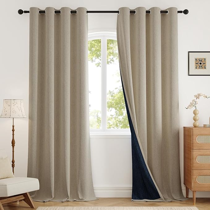 Blackout Curtains 102 inch Length 2 Panels for Living Room, Linen-Look Textured Room Darkening Thermal Insulated Noise Reduction Farmhouse Drapes for Bedroom (W52xL102, Natural)