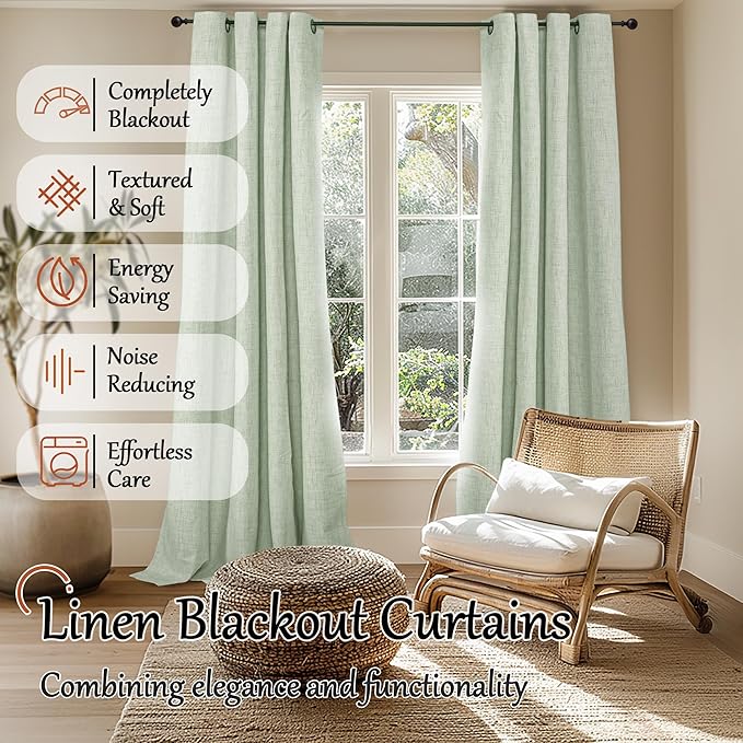 Sage Green Blackout Curtains for Living Room - Spring Linen Curtains 84 Inch Length Thermal Insulated Privacy Burlap Window Drapes for Bedroom Scandinavian Farmhouse, 2 Panels Each 52" Wide