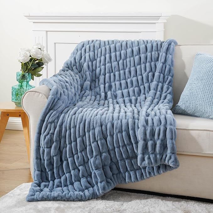 BATTILO HOME Faux Fur Throw Blanket for Couch, Super Soft Cozy Blanket, Double Sided Ruched Rabbit Faux Fur Blanket for Bed, Living Room, 50"x60", Bluish Grey