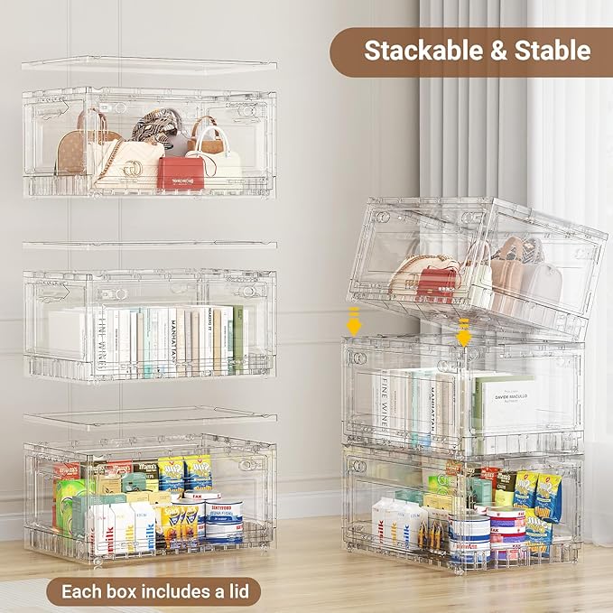 BROVIEW 240Qt Stackable Storage Bins with Lids Wheels, XL Clear Plastic Drawers Foldable Closet Organizers and Storage Cabinet Display Box Shelves with Front & Back Doors, for Home Office Garage,3Pack