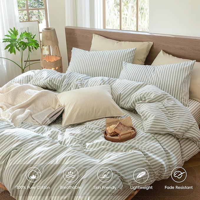 MooMee Striped Duvet Cover Set 100% Washed Cotton Linen Like Textured Breathable Durable Soft Comfy (Sage Green White Classic Stripes, Super King Plus 120"x120")