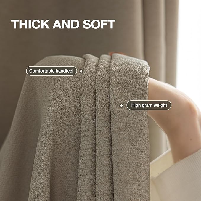 100% Blackout Curtains for Bedroom 90 inch Length 2 Panels Set, Farmhouse Linen-Look Textured Full Light Blocking Room Darkening Thermal Insulated Drapes for Living Room (W52xL90, Taupe)