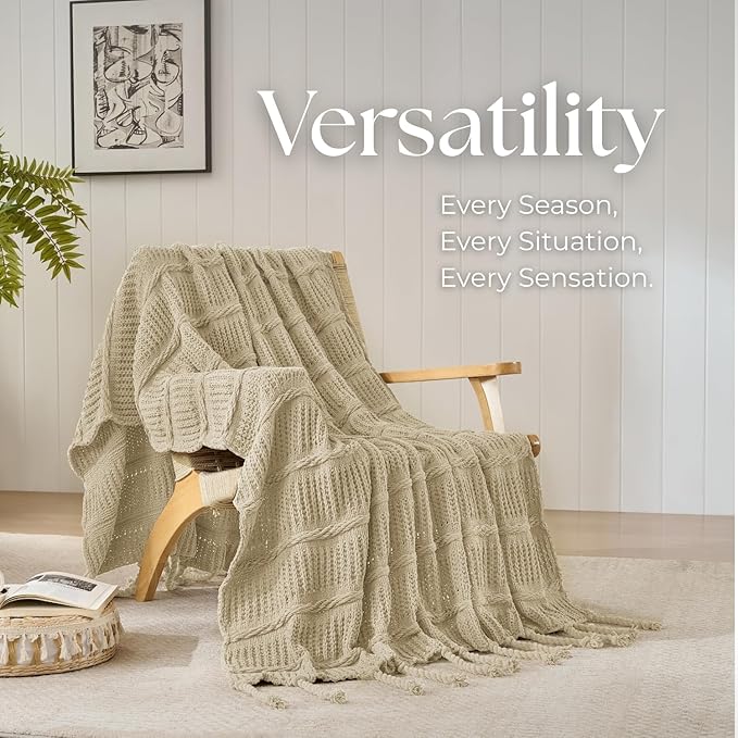 Boho Knitted Chenille Blanket with Tassels - Lightweight & Soft All-Season Throw - 3D Classic Pattern for Living Room Bedroom Couch, Sandy Beige, Queen 90"x90"