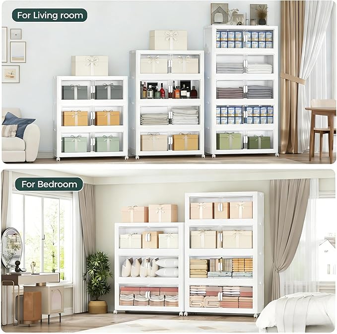 1100QT Extra Large Stackable Storage Bins with Lid, 275Gal Collapsible Storage Box with Wheels and Doors, Plastic Closet Organizer and Storage Cabinet for Home Kitchen Office Dorm, 5Pack White
