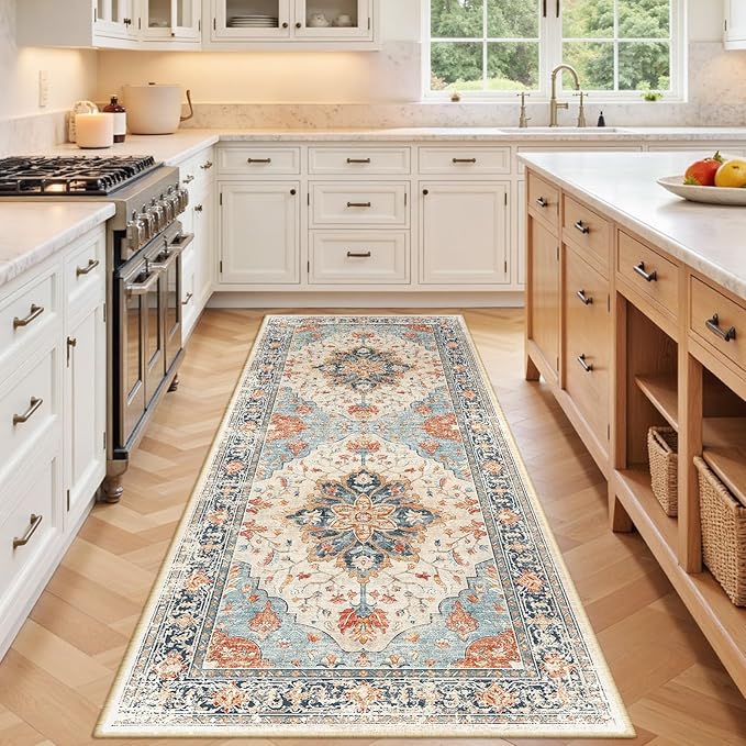 Area Rugs 3'x8' Washable Non-Slip, Floral Vintage Distress Print Pattern Medallion Carpet for Living Room Bedroom Dining Room, Beige Navy Blue Orange Colorful