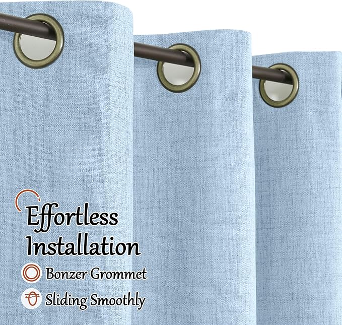 Baby Blue Linen Blackout Curtains for Nursery 90 Inch Length 2 Panels Set, Thermal Insulated Boho Total Black Out Noise Reducing Bonzer Grommets Window Curtains for Kids Bedroom, Each 52 Inch Wide