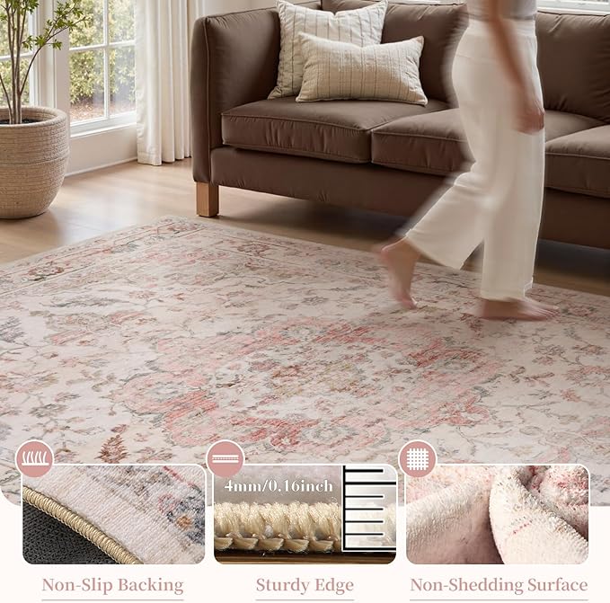 PADOOR 5X7 Area Rug,Rugs for Living Room,Soft Pink Rugs for Bedroom,Machine Washable Rug Non Slip Carpet for Dining Room Living Room Bedside Office