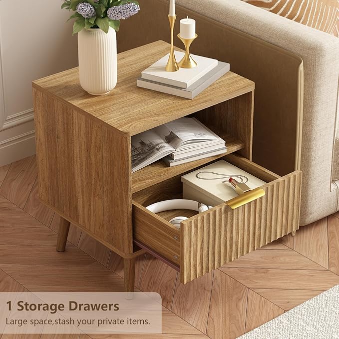CARPETNAL Fluted Nightstand, Walnut Bedside Table with Drawer and Storage Shelf, Wood End Table Mid Century Night Stands for Bedroom Living Room