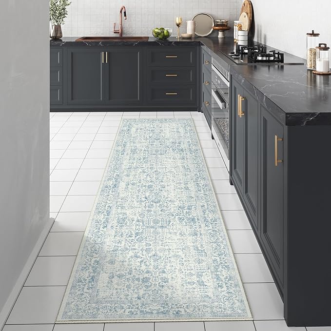 Blue Runner Rug 2x5 Hallway Machine Washable Kitchen Vintage Distressed Non Slip Long Carpet Indoor Retro Floral Bedroom Accent Throw Rug for Bathroom Office Laundry Dining Room