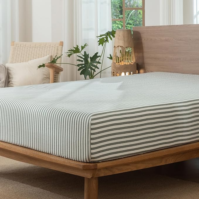 MooMee Striped Fitted Bottom Sheet Only 100% Washed Cotton Linen Like Textured Breathable Durable Soft Comfy Deep Pocket Fits Mattress up to 17" (Heathered Green Classic Stripes, King)