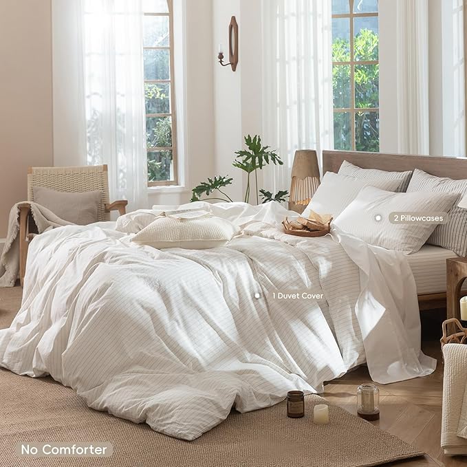 MooMee Striped Duvet Cover Set 100% Washed Cotton Linen Like Textured Breathable Durable Soft Comfy (White Almond Milk Grey Wide Stripes, Palatial King/Oversized King 120"x98")