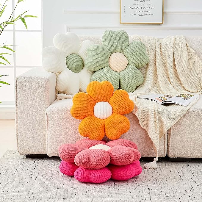 Kcvvcr Flower Throw Pillow, Cute Flower Shaped Pillow Decorative Throw Pillow for Bed Couch, Soft Daisy Pillows Floor Seating Cushion Cushions (14.9 Inch White+Green)