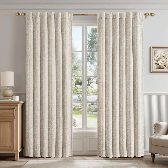 Beauoop Beige Floral Jacquard Blackout Curtains 90 Inches Long 2 Panels for Bedroom Living Room Chenille Flower Room Darkening Thermal Insulated Soundproof Rod Pocket Back Tab Window Drapes 52x90
