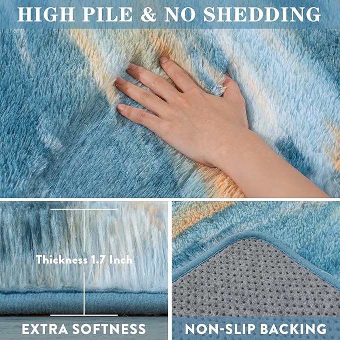 Fluffy Rugs for Living Room, 6x9 Feet Abstract Blue Large Shag Area Rugs for Bedroom, Non-Slip Indoor Modern Fuzzy Plush Floor Carpet for Dorm Nursery Kids Room Decor, Soft Shaggy Throw Rug