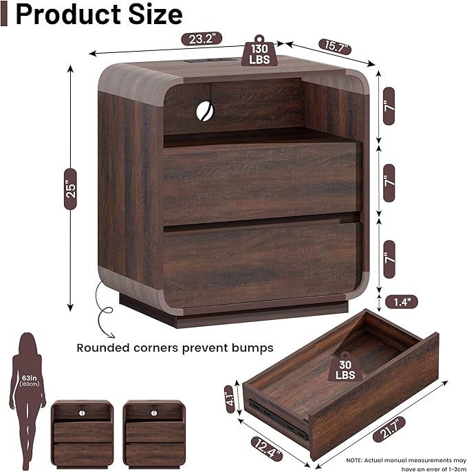 Farmhouse Night Stand, 25" Tall Wooden Nightstand with Charging Station, 2 Storage Drawers Bedside Table Curved Profile, Handleless, Large End Table Side Table for Bedroom, Office, Walnut