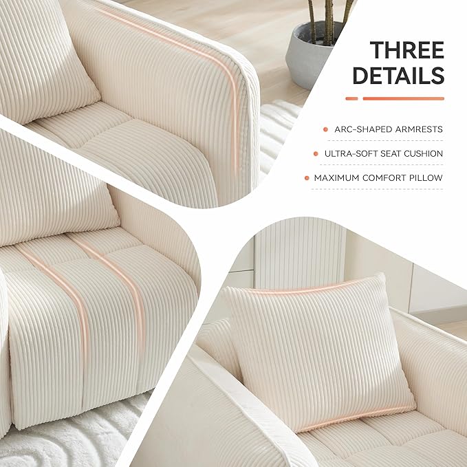 Corduroy Boneless Living Room Sets, Modern Upholstered Loveseat with 2 Signle Sofa Chairs, Comfy Deep Seat Cloud Sofa Couch Sets for Living Room, White