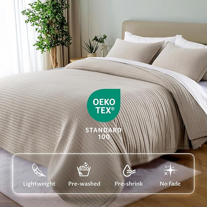 KASENTEX Oversized Queen Quilt Set 102"x106" – Soft Washed 3-Layer Lightweight Bedspread, Minimalist Nordic Design, All-Season Spring & Summer Quilt Set (1 Quilt + 2 Pillow Shams),Light Taupe