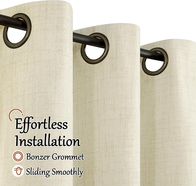Linen Blackout Curtains 54 Inch Length 2 Panels for Bedroom, Thermal Insulated Total Light Blocking Noise Reducing Window Curtains for Farmhouse, Bronze Grommet, Cream, Each 52" Wide