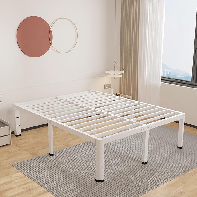 ROIL 12 Inch White Queen Bed Frame with Rounded Corner and Headboard Hole Mattress Retainers, 3500LBS Heavy Duty Steel Slats No Box Spring Needed Platform Noise-Free Easy Assembly