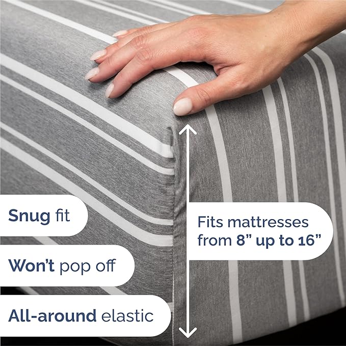 Split King 7 Piece Sheet Set - Cooling & Breathable - Hotel Luxury Bedding Includes Fitted Sheets for Women, Men, Kids & Teens - 1 Flat, 2 Fitted Sheets, 4 Pillowcases w/Deep Pockets - Grey Stripes