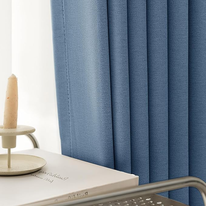 100% Blackout Grommet Linen Curtains for Living Room, Linen-Look Textured Full Light Blocking Room Darkening Thermal Insulated Drapes for Bedroom 2 Panels (W52xL92, Blue)