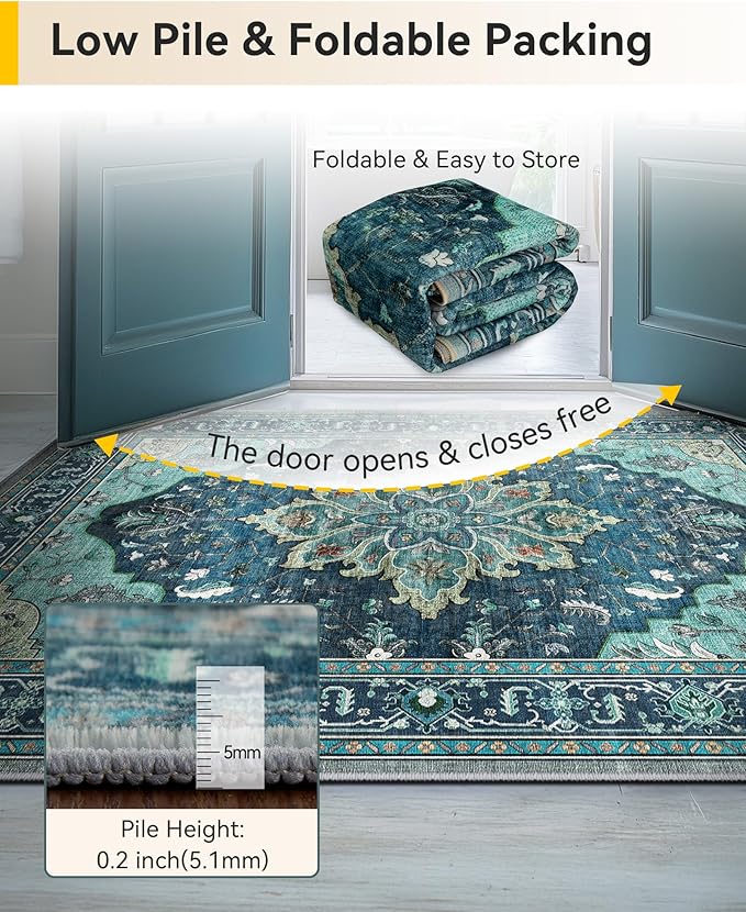 Area Rugs 4ft Washable Non-Slip, Floral Vintage Distress Print Pattern Medallion Carpet for Living Room Bedroom Dining Room, Teal Green Lake Blue Turquoise