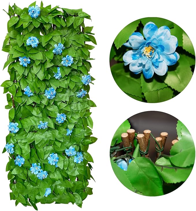GLANT Expandable Fence Privacy Screen for Balcony Patio Outdoor,Decorative Faux Ivy Fencing Panel,Artificial Hedges (Single Sided Leaves) (2, Blue Flowers)