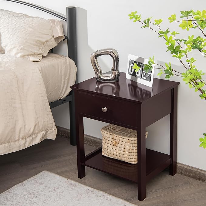 Giantex Nightstand Set of 2, Wood End Table with Drawer and Open Shelf, Night Stand for Small Spaces, 2-Tier Bedside Table for Living Room Bedroom Dorm, Easy Assembly, Brown