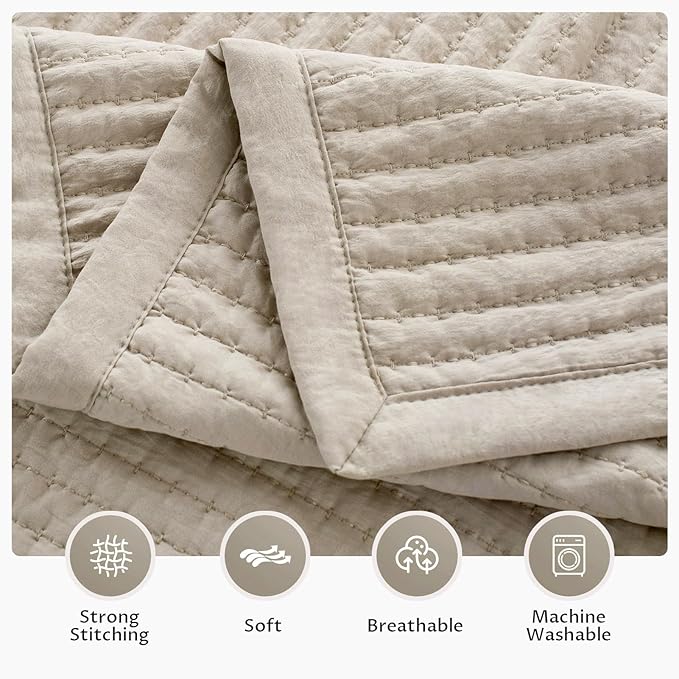 KASENTEX Oversized Queen Quilt Set 102"x106" – Soft Washed 3-Layer Lightweight Bedspread, Minimalist Nordic Design, All-Season Spring & Summer Quilt Set (1 Quilt + 2 Pillow Shams),Light Taupe