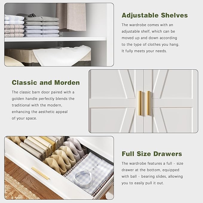 COFaR Metal Wardrobe Cabinet, 71 Farmhouse Armoire Wardrobe Closet with Rods, 2 Barn Doors, Adjustable Shelves, Steel with 2 Drawer Bedroom armoires, White