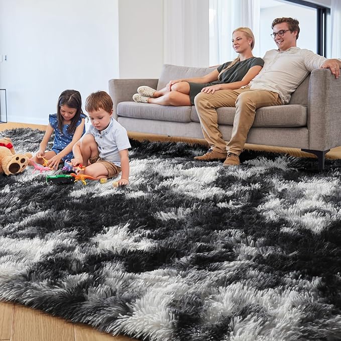PAGISOFE Black White Grey Rugs for Living Room 5x8, Shag Fuzzy Fluffy Rectangular Rugs for Kids Room Playroom Classroom Dorm Shaggy Soft Carpet for Home Decor Aesthetic Plush Bedside Rug Modern Cool