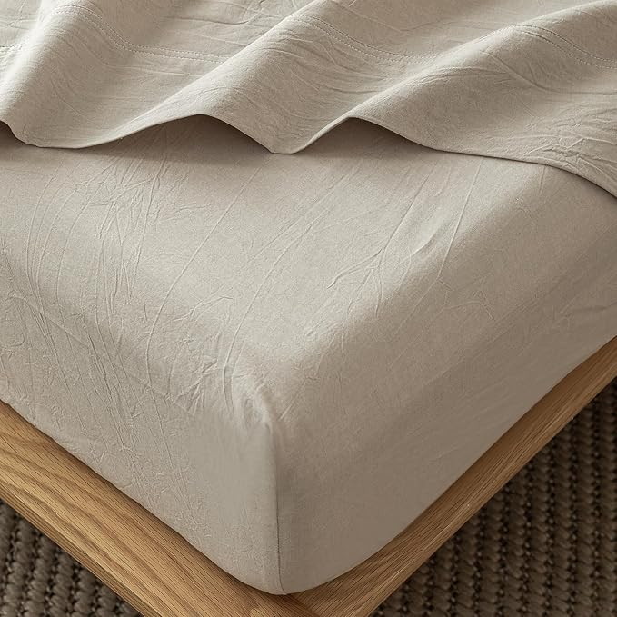 MooMee Fitted Bottom Sheet Only 100% Washed Cotton Linen Like Textured Breathable Durable Soft Comfy Deep Pocket Fits Mattress up to 17" (Tannish Linen Grey, King)