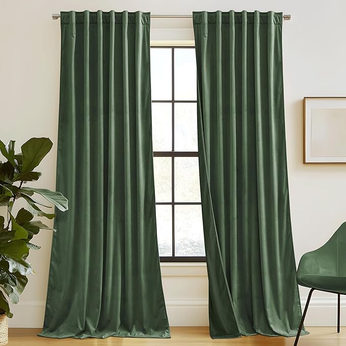 RYB HOME Elegant Green Velvet Curtains 84 inches Long, Light Blocking, Thermal Insulated, Stylish Back Tab Velvet Drapes for Cozy Home Aesthetics, 52" W x L96 L, 2 Panels Set