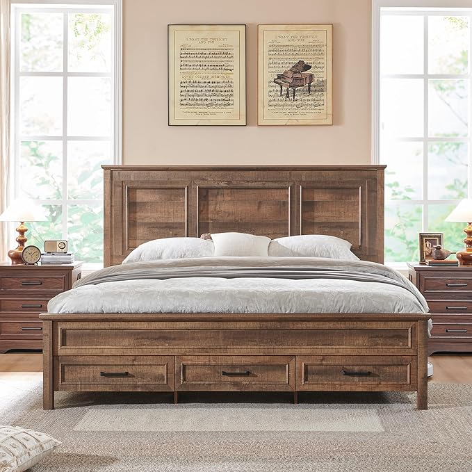 ACCOHOHO Farmhouse King Size Bed Frame with 52" Tall Headboard, Wood Platform Bedframe with Footboard and Storage Drawers, No Squeak, No Box Spring Needed, Light Brown