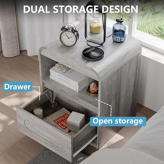 5 Piece Bedroom Sets, Modern Dresser and Nightstand Sets & Bookshelf with Safe Curved Design, Including Tall Bookshelf High & Wide 6 Drawer Dressers and Night Stand Set of 2 for Bedroom, Grey