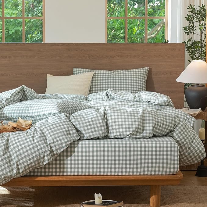 MooMee Gingham Duvet Cover Set 100% Washed Cotton Linen Like Textured Breathable Durable Soft Comfy Modern Checkered Design (Sage Green Gingham, Palatial King/Oversized King 120"x98")